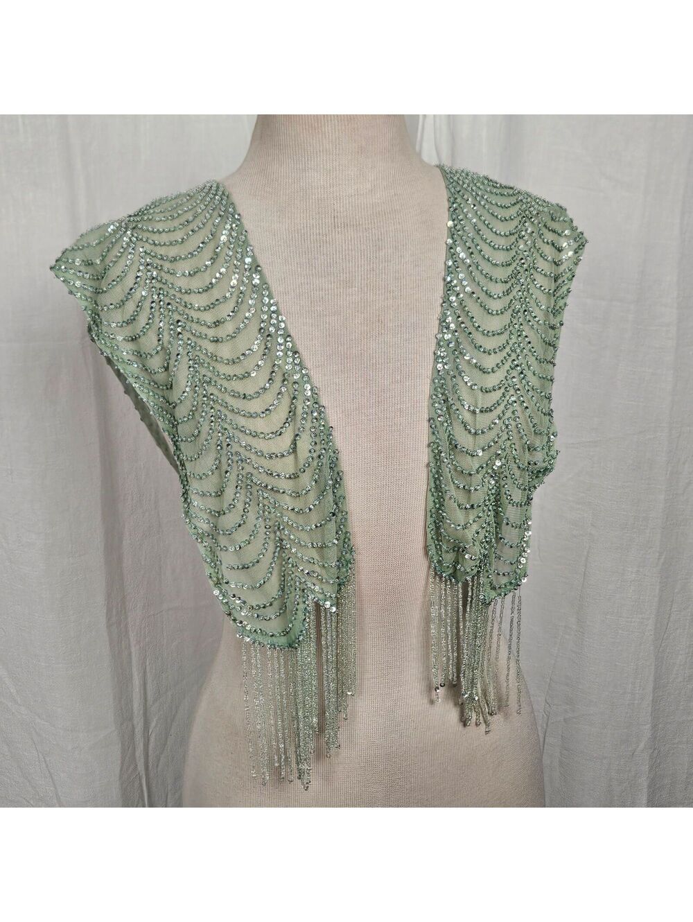 Vintage Lulu Guinness Beaded & Sequin on Silk & Mesh Seafoam Green Scarf - Picture 2 of 7